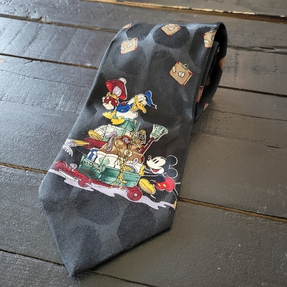 Mickey Unlimited Men's Tie Black Suitcases Donald Duck Movin' Mouse Cartoon